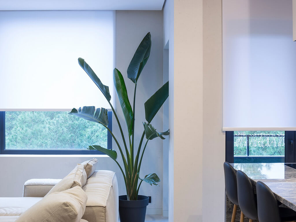 Image of a lounge featuring half open roller blinds
