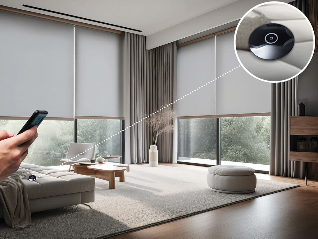 Bedroom decor showcasing an automated roller blind system