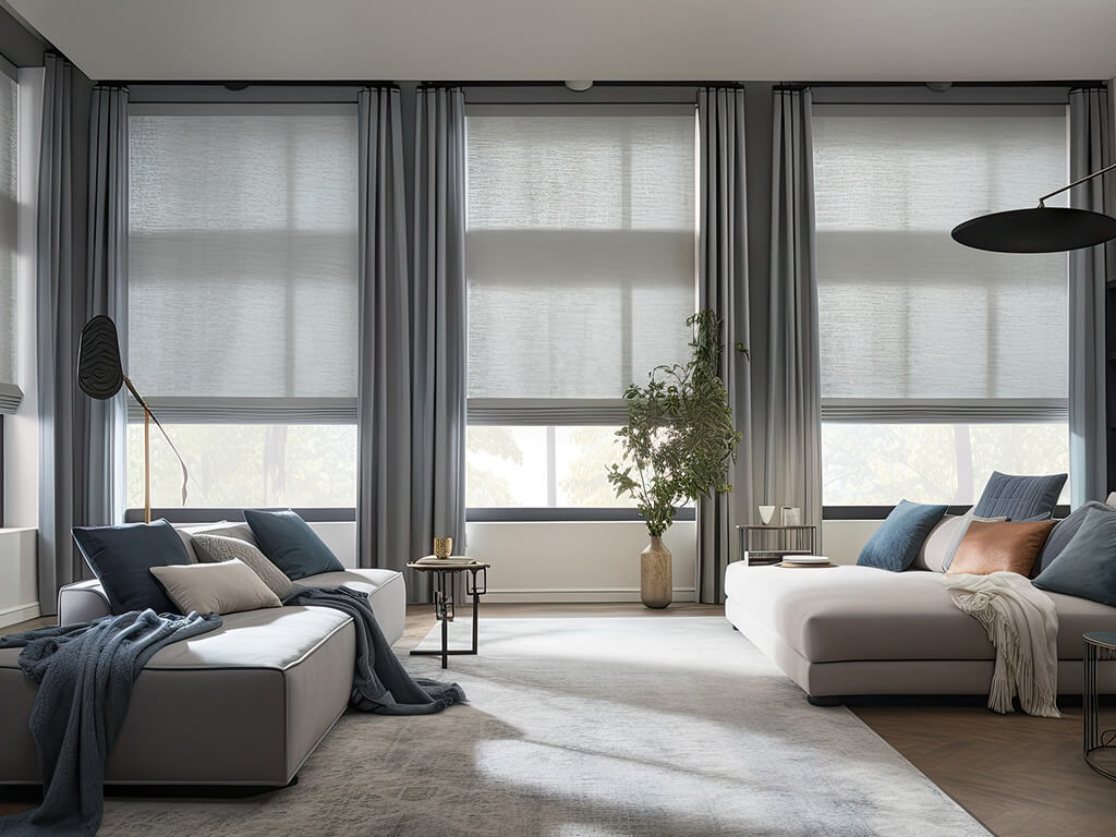  Image featuring aesthetic home decor, including half open roller blinds
