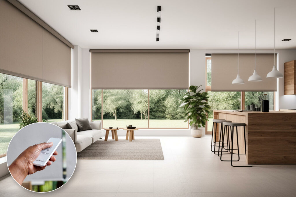A open plan neutral kitchen with wall to ceiling windows with automated roller blinds