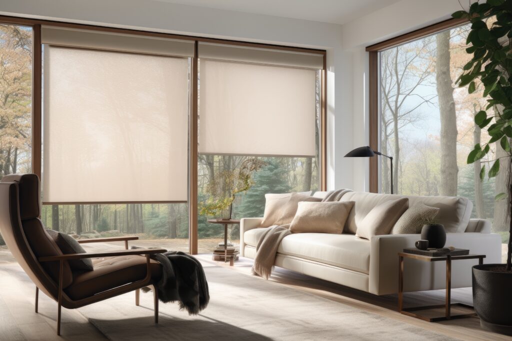Cozy lounge area with neutral tones with wall to ceiling windows with automated roller blinds