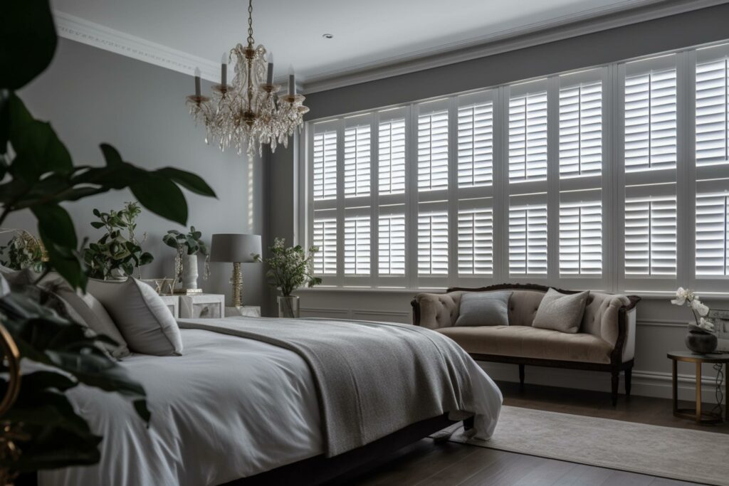 A grey bedroom with white security shutters on the window