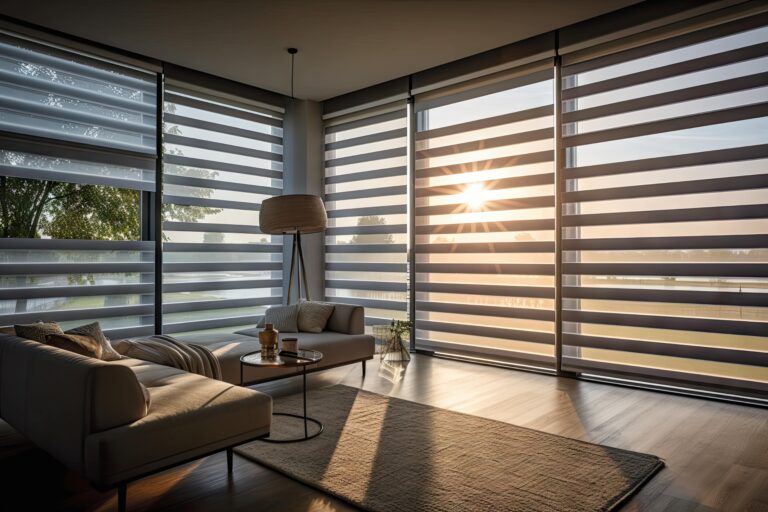 Open grey Zebra roller blinds in a lounge with sunlight showing through the blinds.
