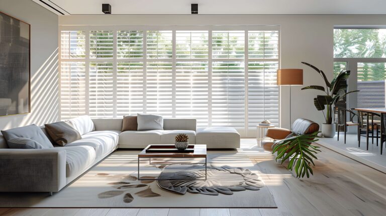 Open white shutters in a modern neutral toned lounge, looking out onto a garden setting with a fence & trees.